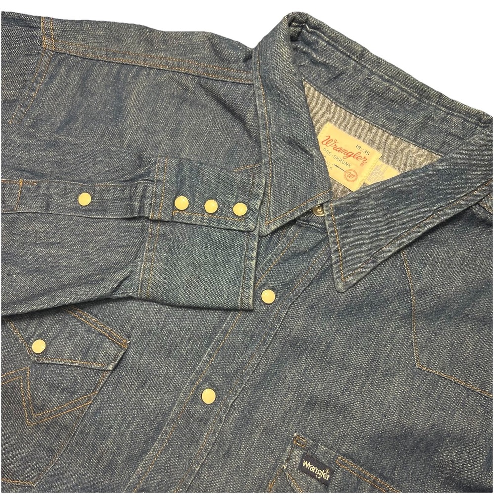 Vtg Wrangler Pearl Snap 19x35 Med Blue Denim Western Preshrunk 60s/70s Cowboy Sh